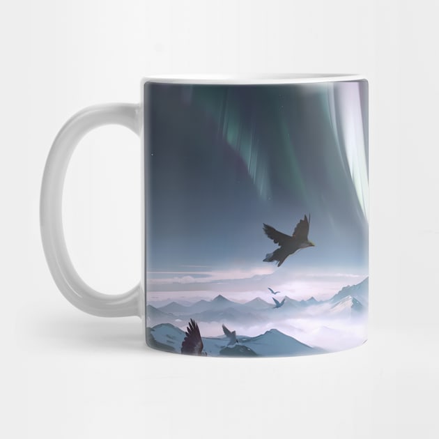 Tranquil Landscape: Aurora Borealis & Birds Flying High on top of Iced Mountains by Dudu